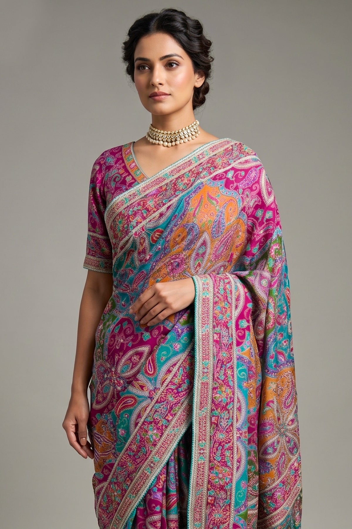 Multi Colored Modal Silk Printed Saree with Readymade Blouse