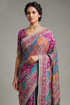 Multi Colored Modal Silk Printed Saree with Ready-made Blouse