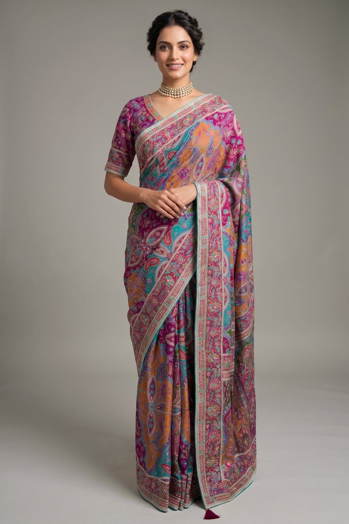 Multi Colored Modal Silk Printed Saree with Readymade Blouse