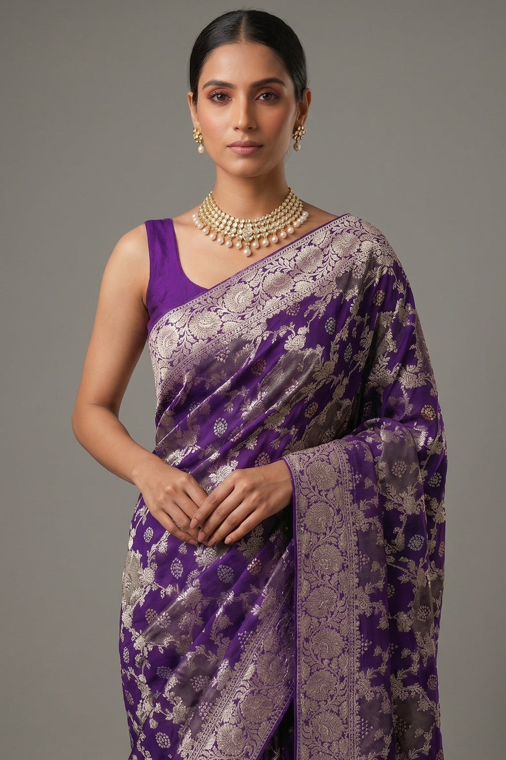 Purple Georgette Woven Saree with Cutdana Work