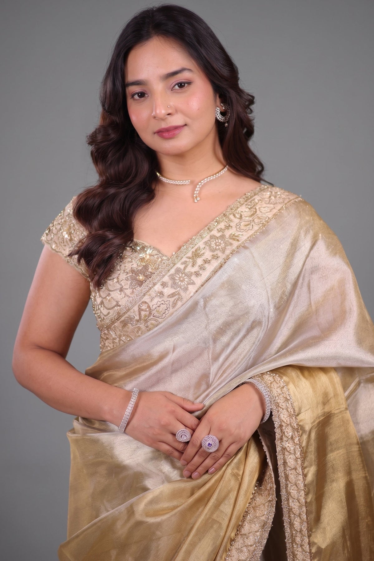 Dual-Tone Silver Golden Tissue Saree Featuring Intricate Handwork Lace Border With Coordinated Heavy Blouse