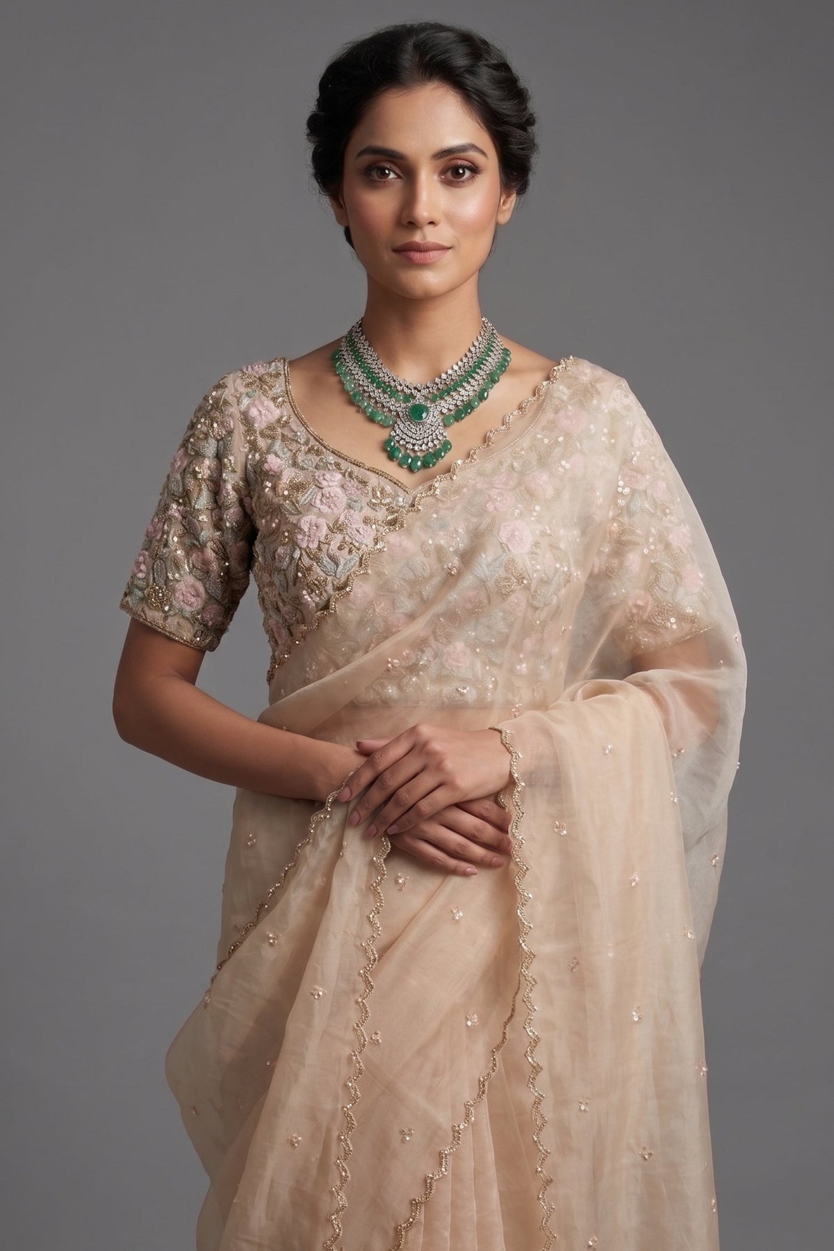 Metallic Silver Organza Saree Featuring Handcrafted Sequins and Beads Work with Readymade Blouse