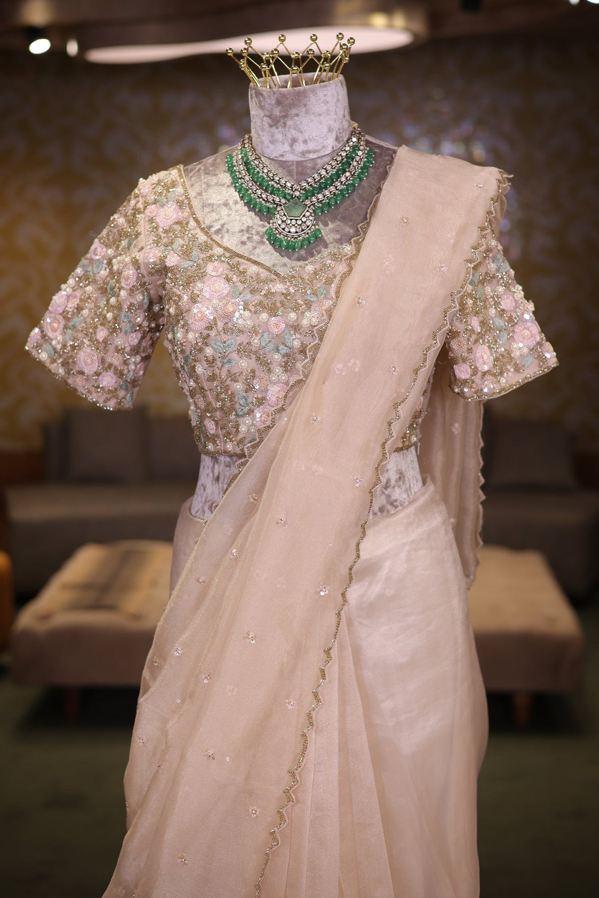 Metallic Silver Organza Saree Featuring Handcrafted Sequins and Beads Work with Readymade Blouse