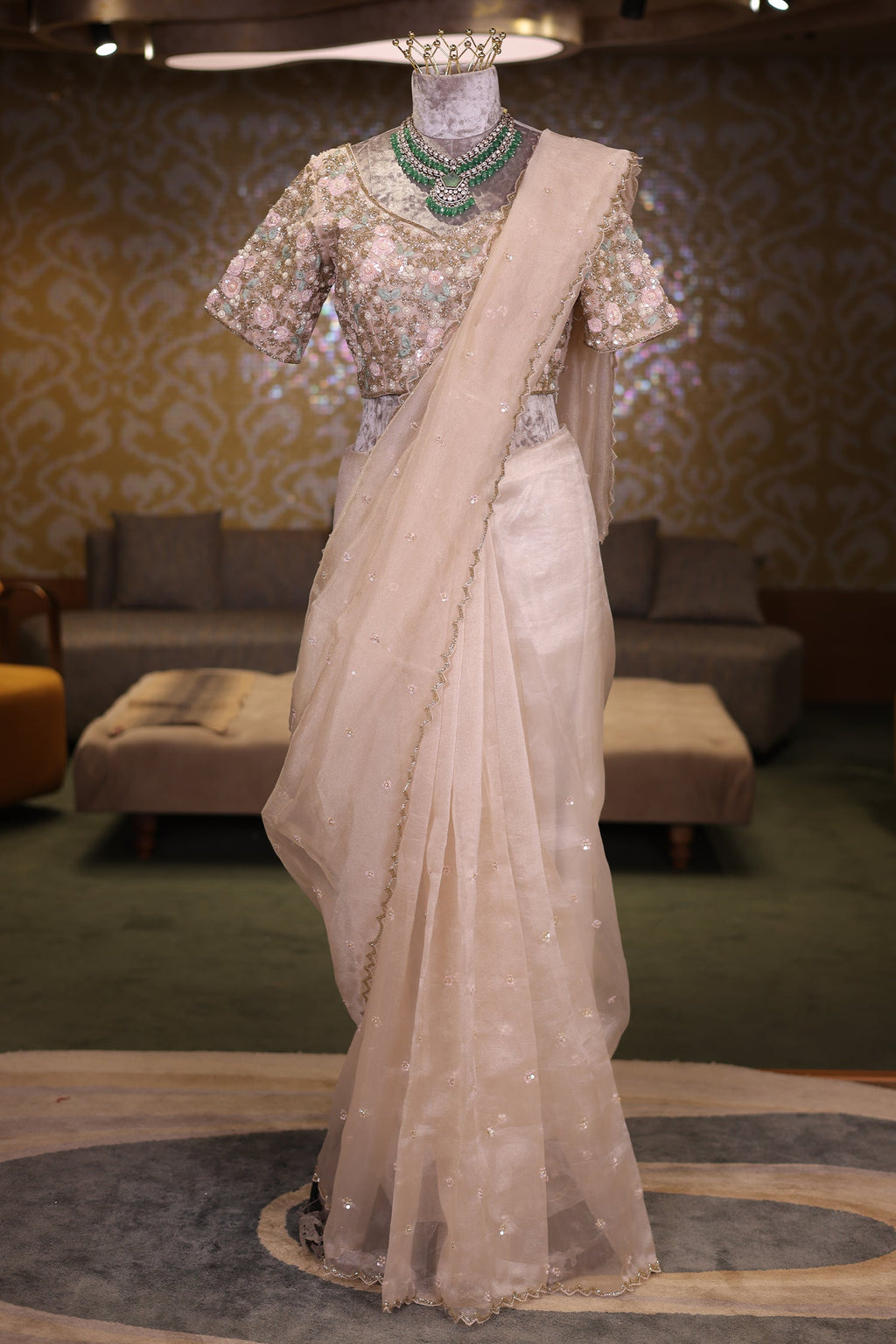 Metallic Silver Organza Saree Featuring Handcrafted Sequins and Beads Work with Readymade Blouse