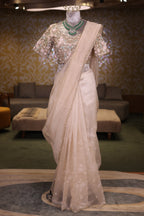 Metallic Silver Organza Saree Featuring Handcrafted Sequins and Beads Work with Readymade Blouse