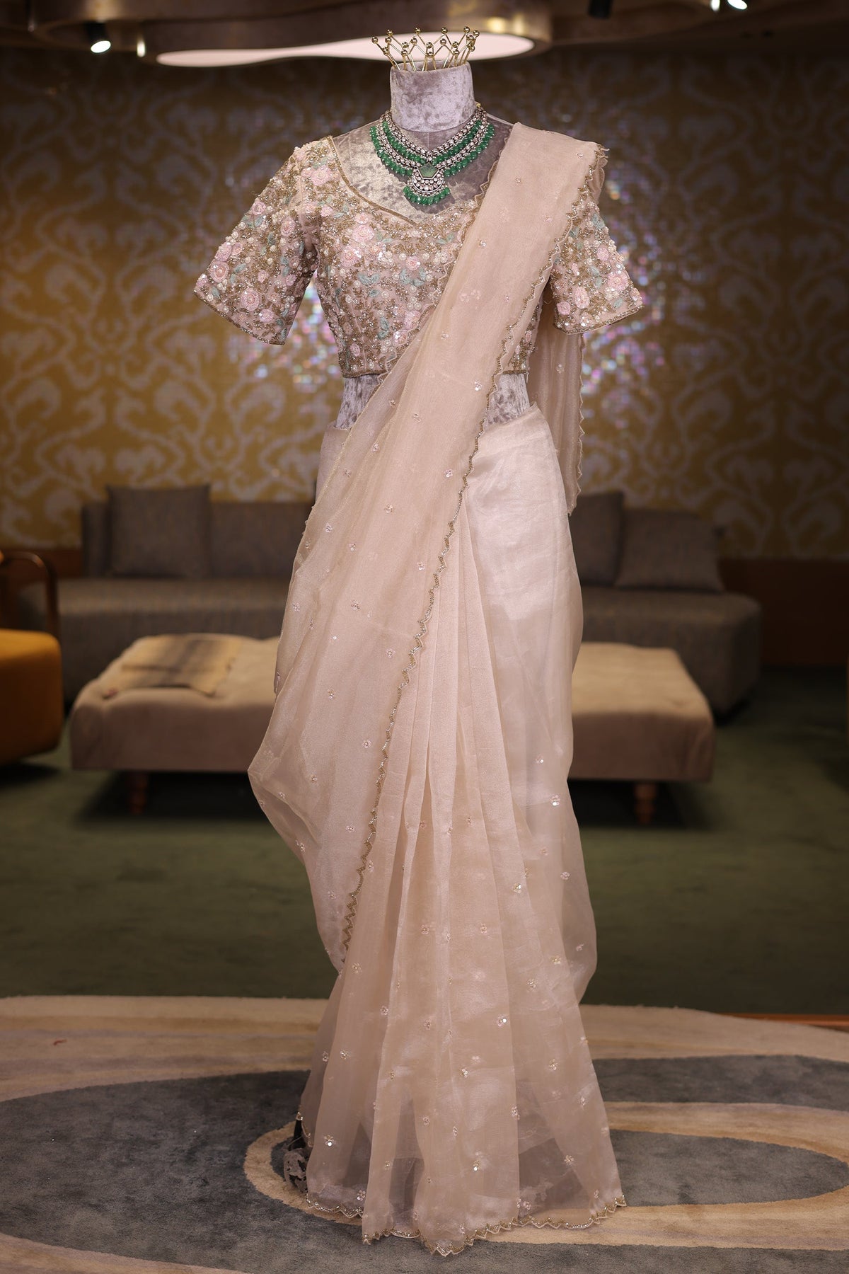 Metallic Silver Organza Saree Featuring Handcrafted Sequins and Beads Work with Readymade Blouse