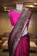 Rani Magenta Handloom Silk Weaving Saree with Indigo Contrast Border and Traditional Temple Motifs