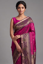 Rani Magenta Handloom Silk Weaving Saree with Indigo Contrast Border and Traditional Temple Motifs