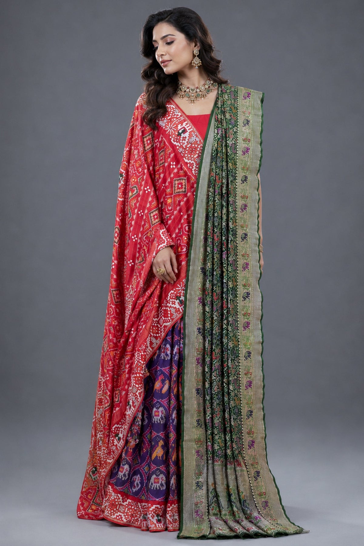 Purple and Red Silk Patola Saree with Traditional Ikat Motifs and Beads Applique Border