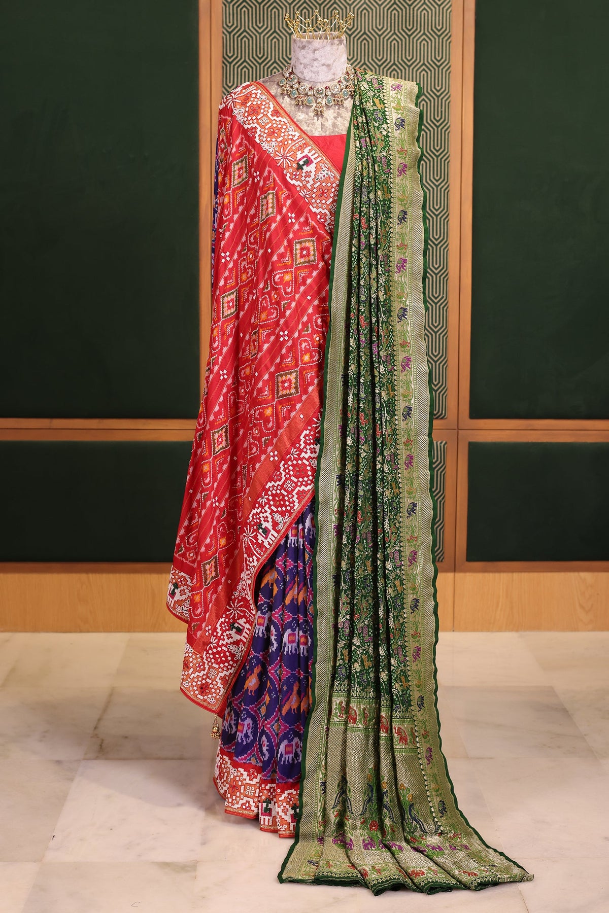 Purple and Red Silk Patola Saree with Traditional Ikat Motifs and Beads Applique Border