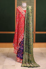 Purple and Red Silk Patola Saree with Traditional Ikat Motifs and Beads Applique Border