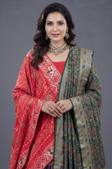 Purple and Red Silk Patola Saree with Traditional Ikat Motifs and Beads Applique Border