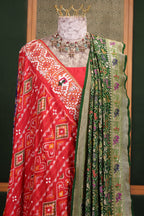 Purple and Red Silk Patola Saree with Traditional Ikat Motifs and Beads Applique Border