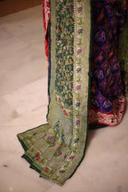 Purple and Red Silk Patola Saree with Traditional Ikat Motifs and Beads Applique Border