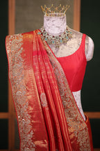 Bridal Red Metallic Kanchipuram Tissue Saree with Intricate Woven Zari and Handcrafted Zardosi and Sequin Embroidered Borders