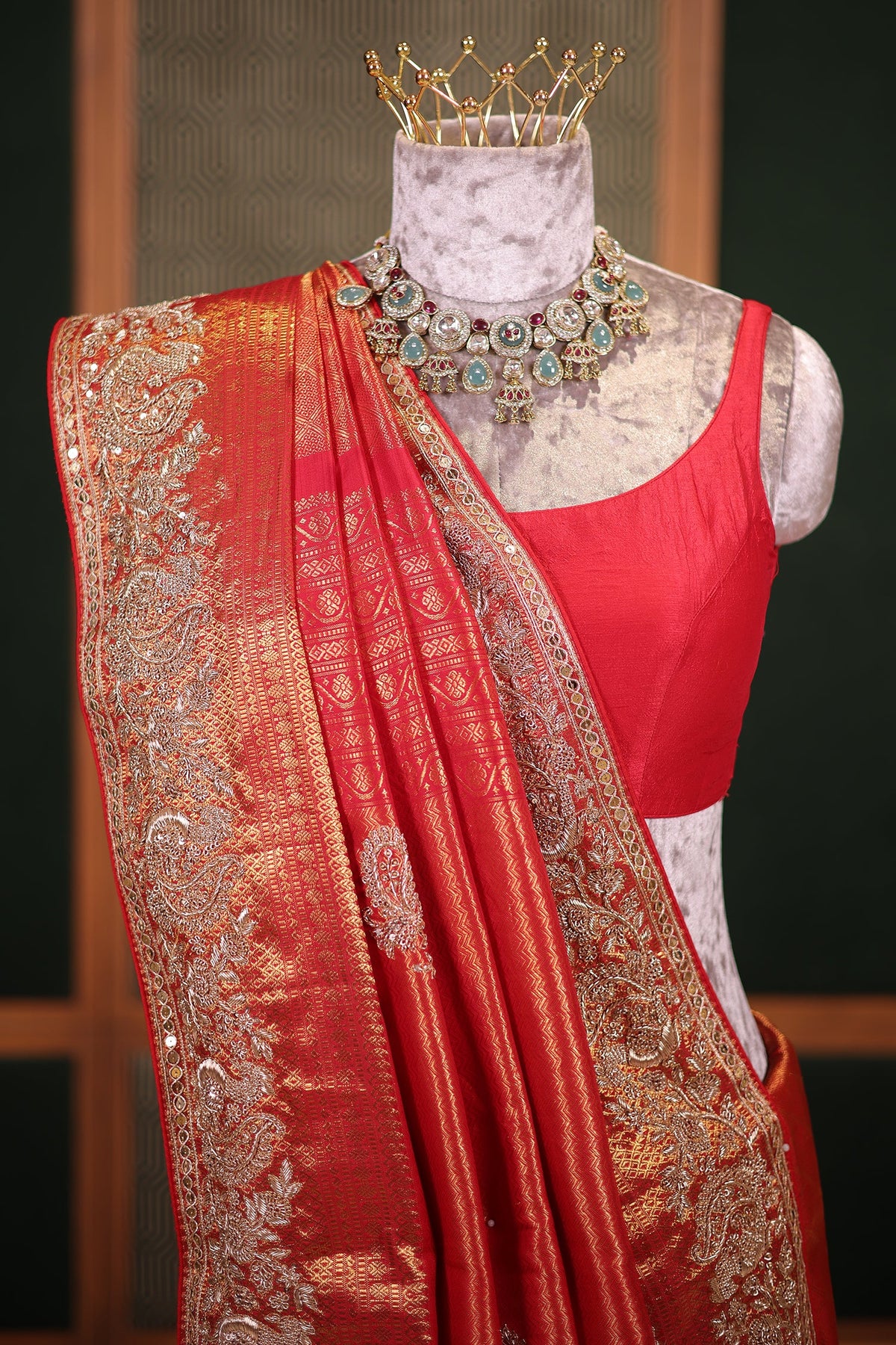 Bridal Red Metallic Kanchipuram Tissue Saree with Intricate Woven Zari and Handcrafted Zardosi and Sequin Embroidered Borders