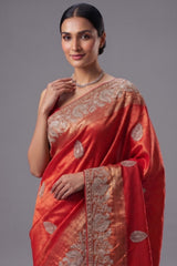 Bridal Red Metallic Kanchipuram Tissue Saree with Intricate Woven Zari and Handcrafted Zardosi and Sequin Embroidered Borders