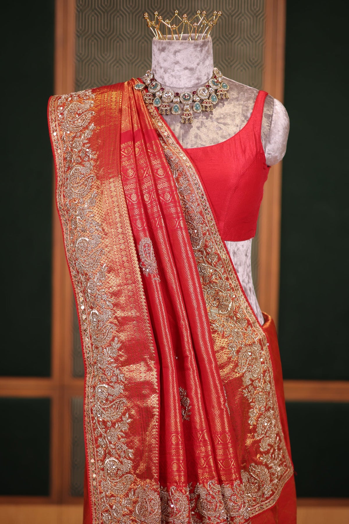 Bridal Red Metallic Kanchipuram Tissue Saree with Intricate Woven Zari and Handcrafted Zardosi and Sequin Embroidered Borders