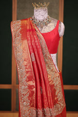 Bridal Red Metallic Kanchipuram Tissue Saree with Intricate Woven Zari and Handcrafted Zardosi and Sequin Embroidered Borders