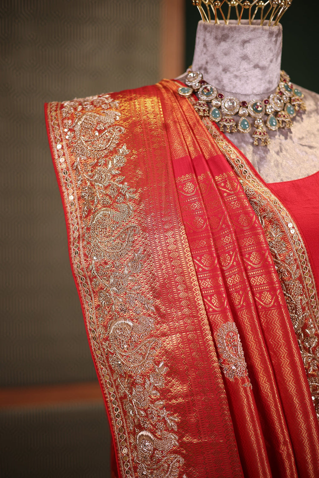 Bridal Red Metallic Kanchipuram Tissue Saree with Intricate Woven Zari and Handcrafted Zardosi and Sequin Embroidered Borders