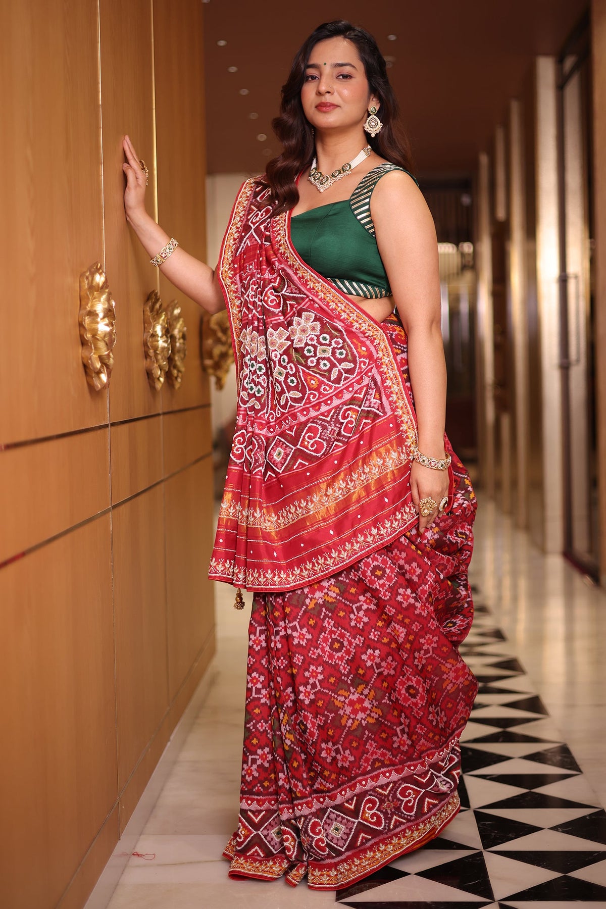 Red Silk Saree with Woven Patola and Handcrafted Cutdana and Bead Work Embroidery