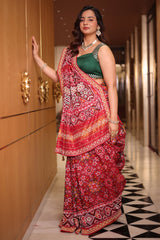 Red Silk Saree with Woven Patola and Handcrafted Cutdana and Bead Work Embroidery