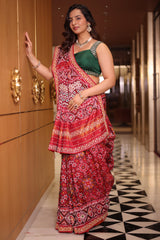 Red Silk Saree with Woven Patola and Handcrafted Cutdana and Bead Work Embroidery
