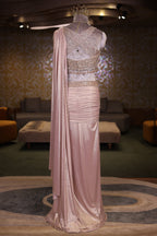 Blush Pink Metallic Pre-Draped Lehenga Saree Set with Hand-Embroidered Cutdana Choli