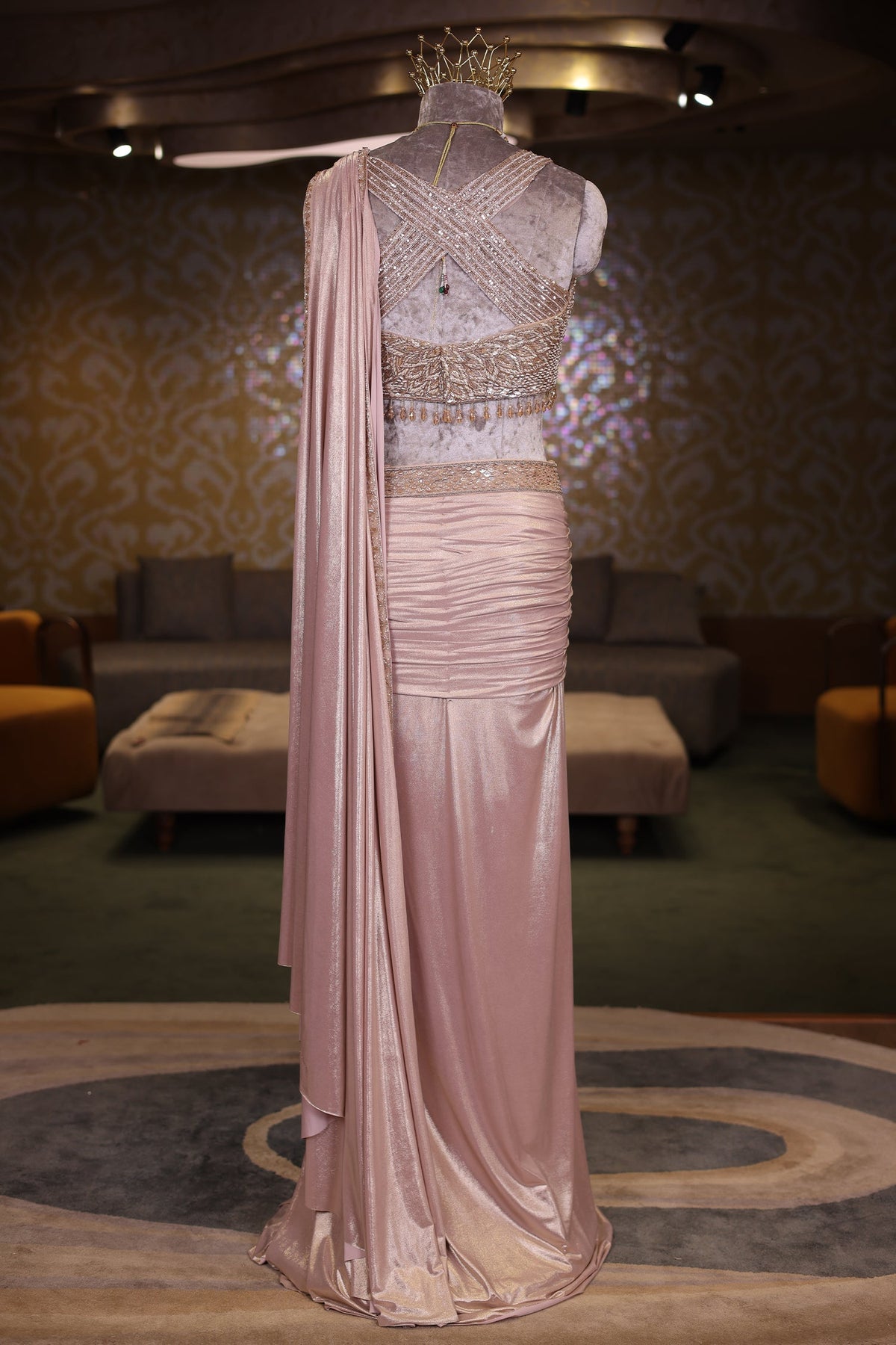 Blush Pink Metallic Pre-Draped Lehenga Saree Set with Hand-Embroidered Cutdana Choli