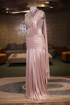 Blush Pink Metallic Pre-Draped Lehenga Saree Set with Hand-Embroidered Cutdana Choli