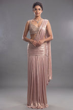 Blush Pink Metallic Pre-Draped Lehenga Saree Set with Hand-Embroidered Cutdana Choli