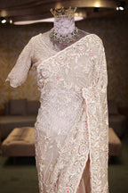 Pearl White Net Floral Thread Embroidered Saree with Sequin Cutdana Work