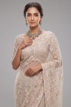 Pearl White Net Floral Thread Embroidered Saree with Sequin Cutdana Work