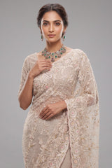 Pearl White Net Floral Thread Embroidered Saree with Sequin Cutdana Work