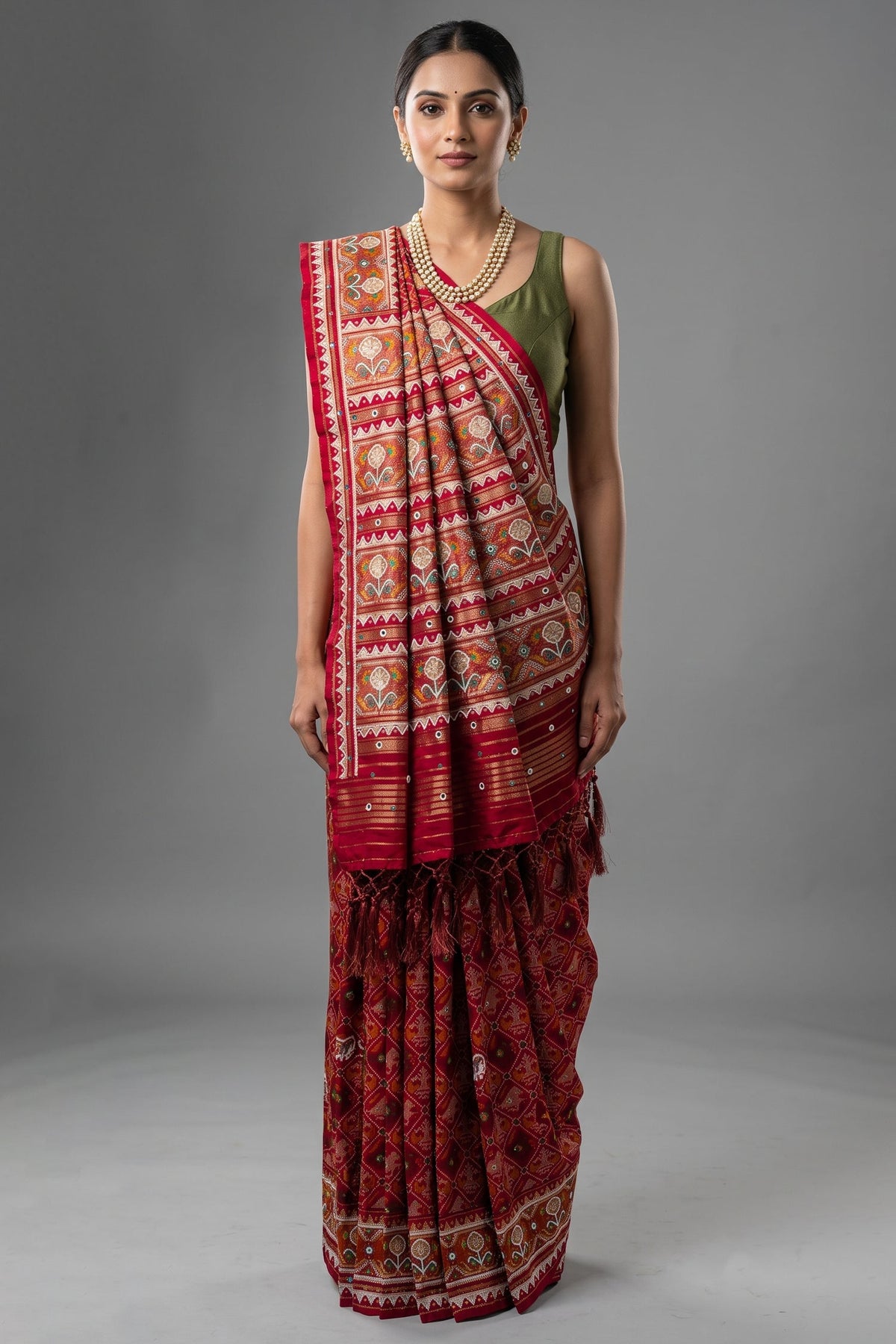 Pink Silk Traditional Patola Saree with Beads and Mirror Work