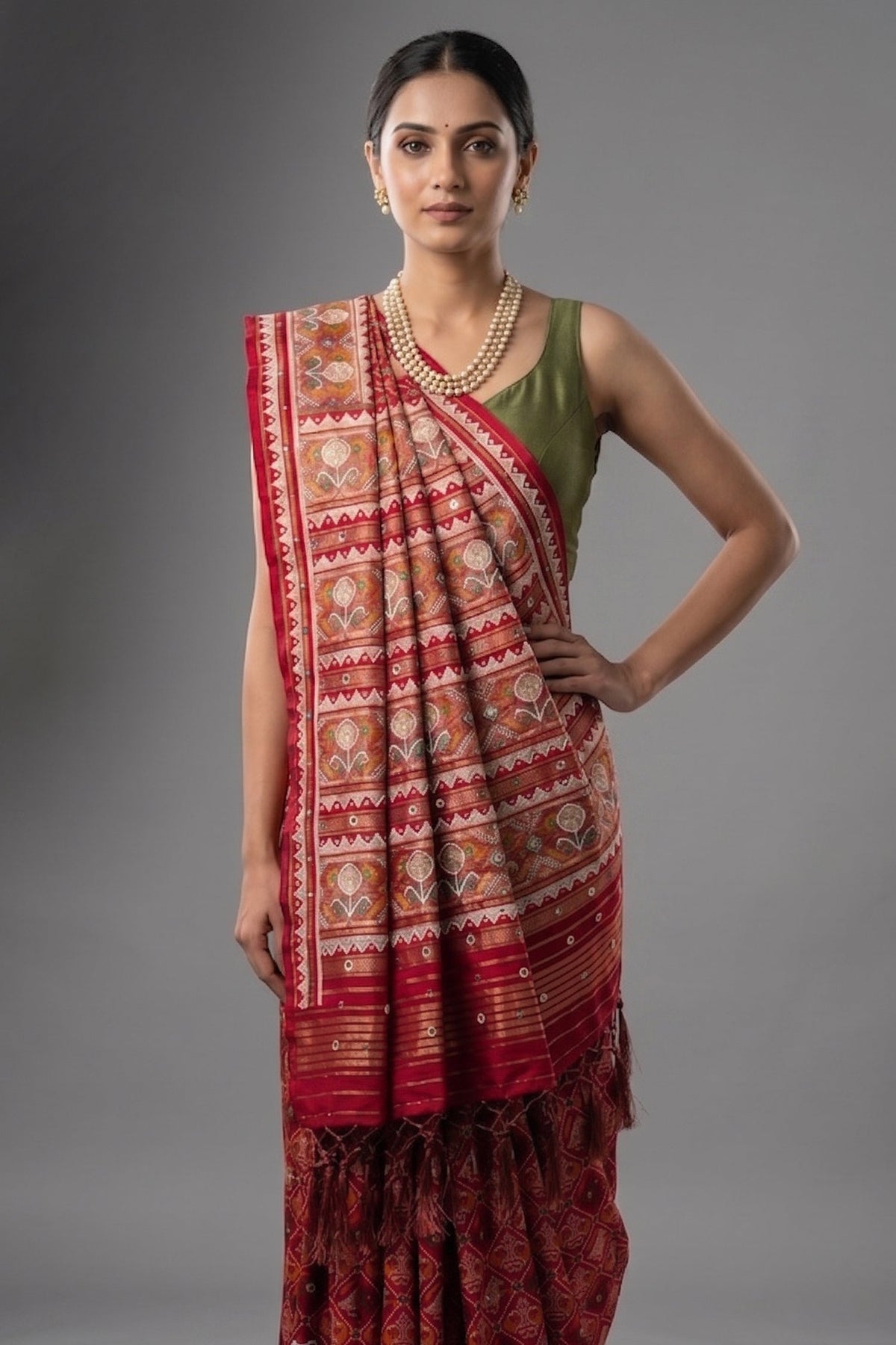 Pink Silk Traditional Patola Saree with Beads and Mirror Work