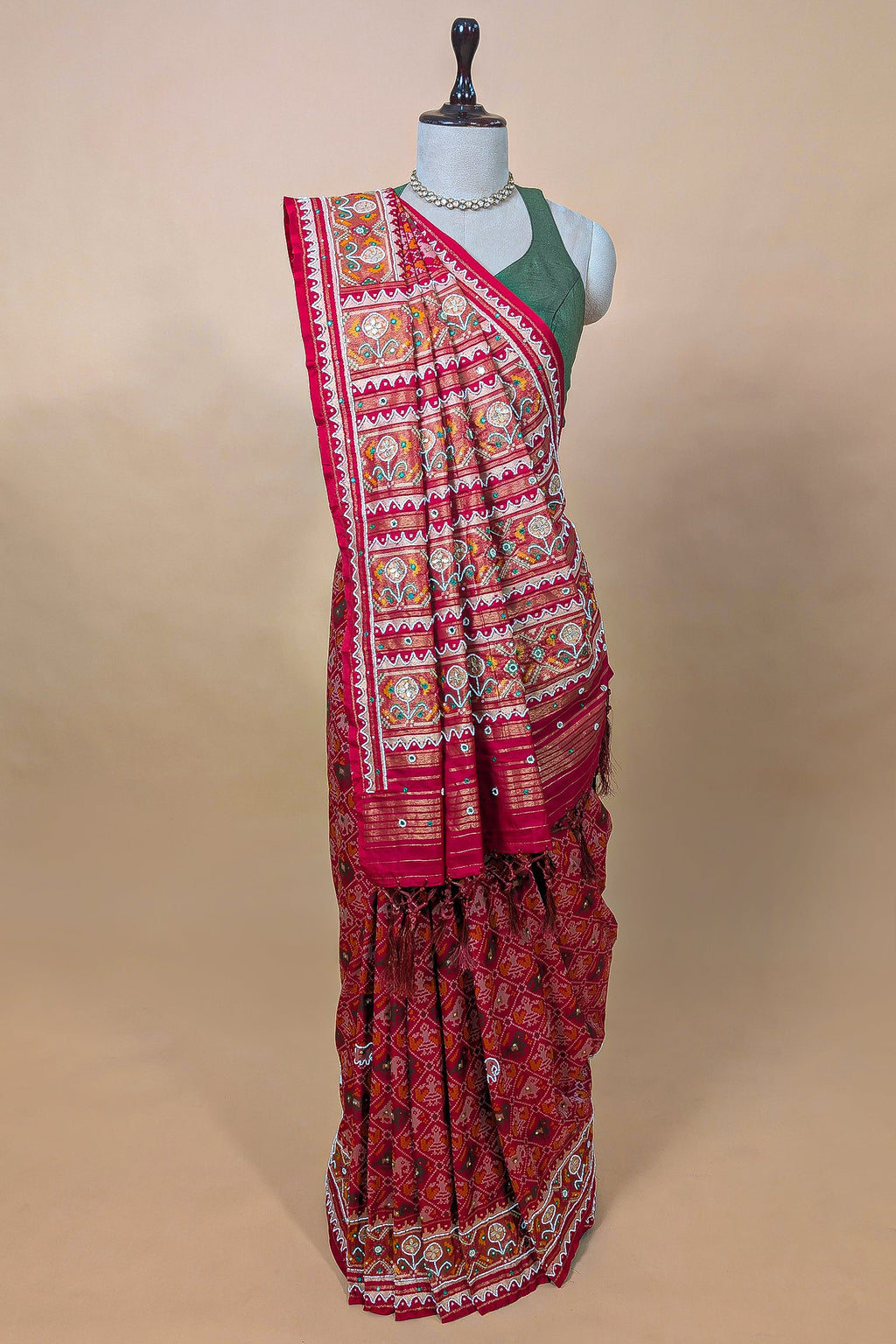 Pink Silk Traditional Patola Saree with Beads and Mirror Work