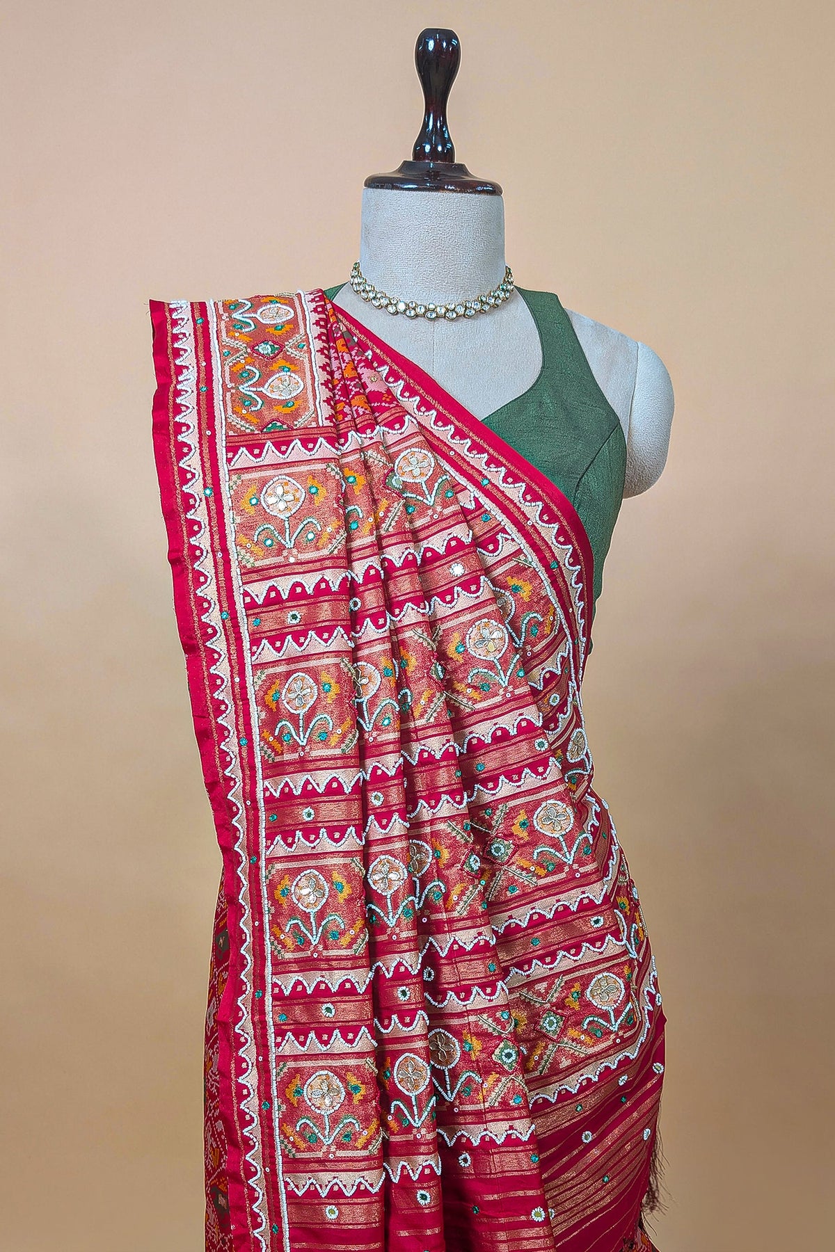 Pink Silk Traditional Patola Saree with Beads and Mirror Work