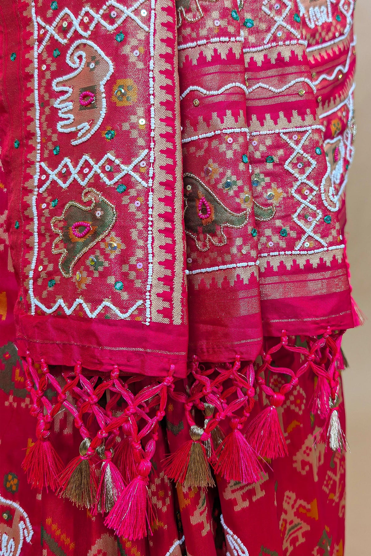 Red Silk Traditional Patola Weave Saree with Handwork