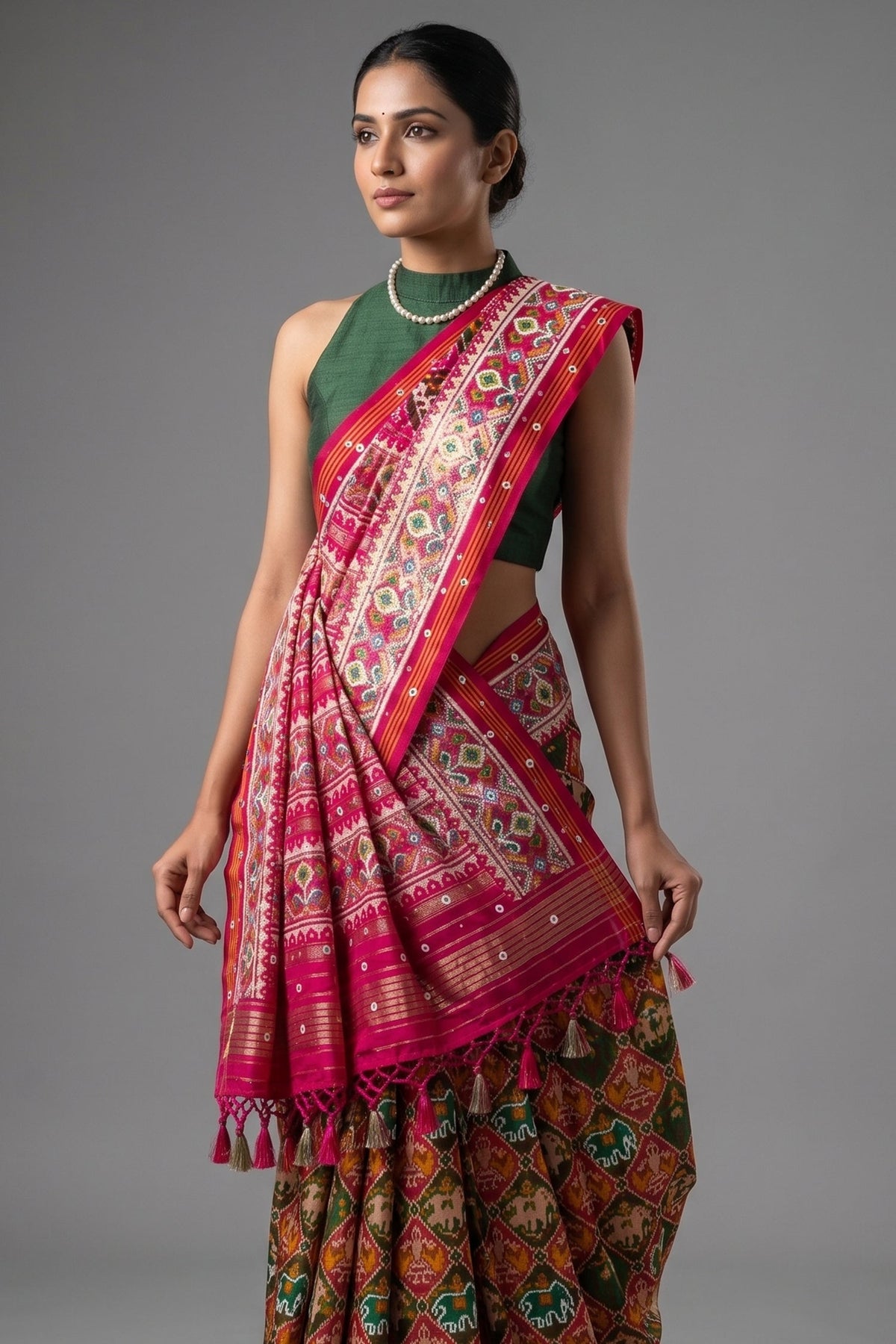 Multi Colored Silk Traditional Patola Weave Saree with Handwork