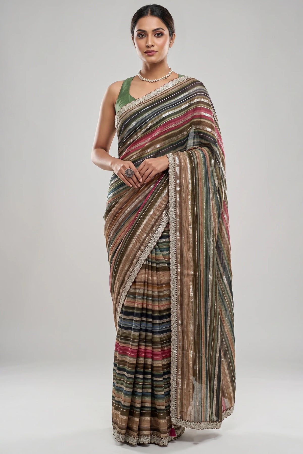 Brown and Multi Colored Georgette Striped Saree with Beads and Cutdana Lace