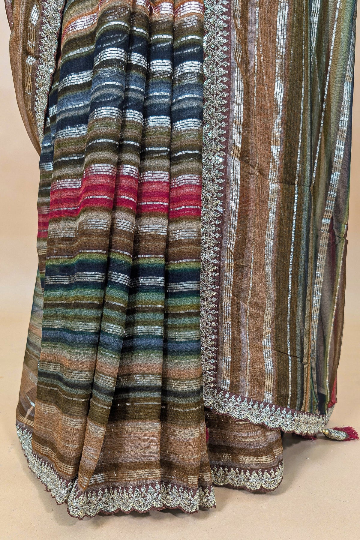 Brown and Multi Colored Georgette Striped Saree with Beads and Cutdana Lace