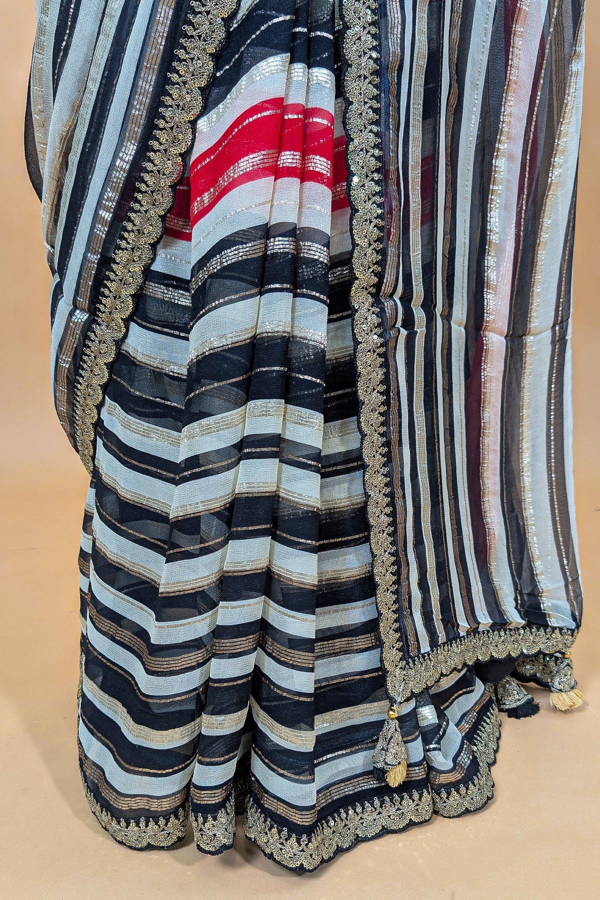 Multi Colored Georgette Striped Saree with Beads and Cutdana Work