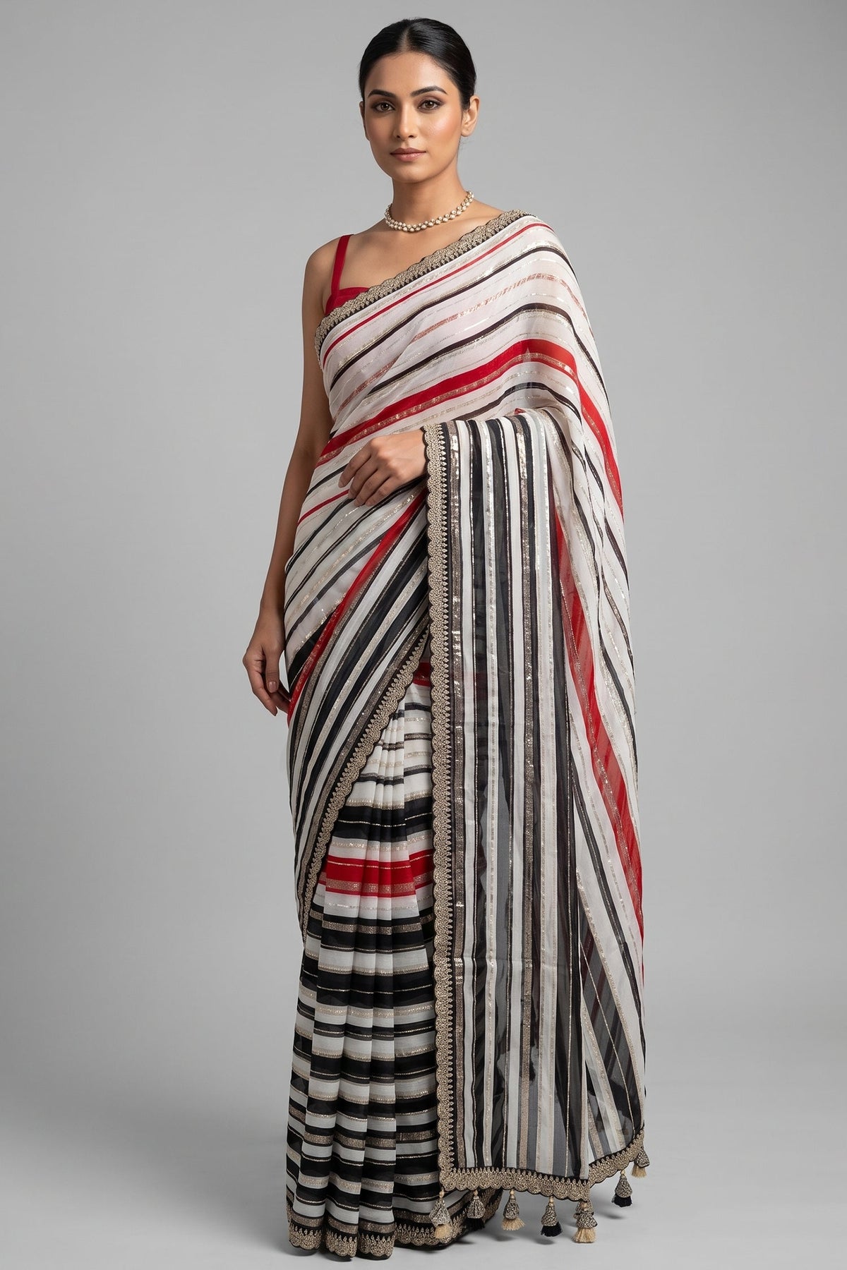 Multi Colored Georgette Striped Saree with Beads and Cutdana Work
