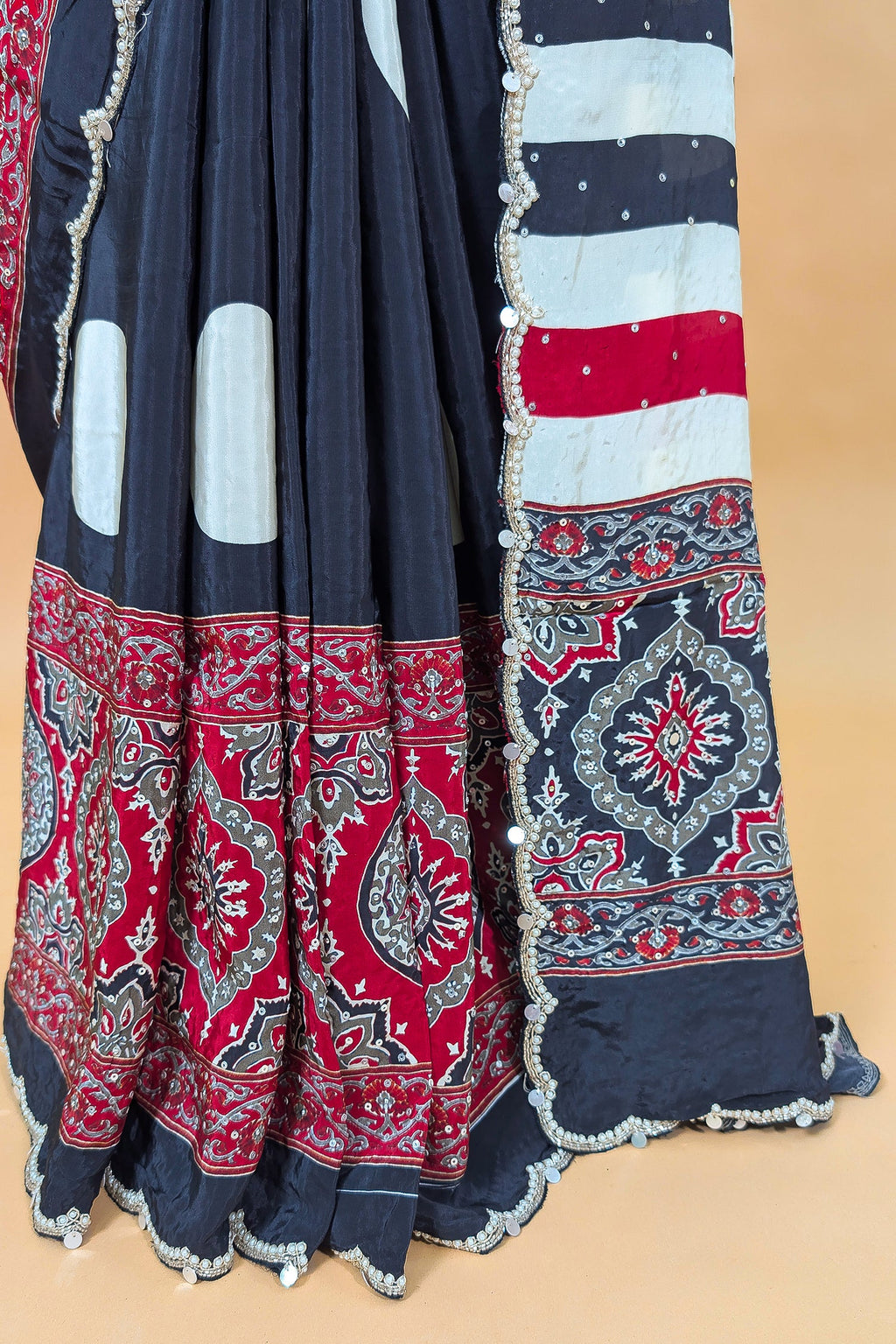 Black Crepe Silk Ajrakh Printed Saree