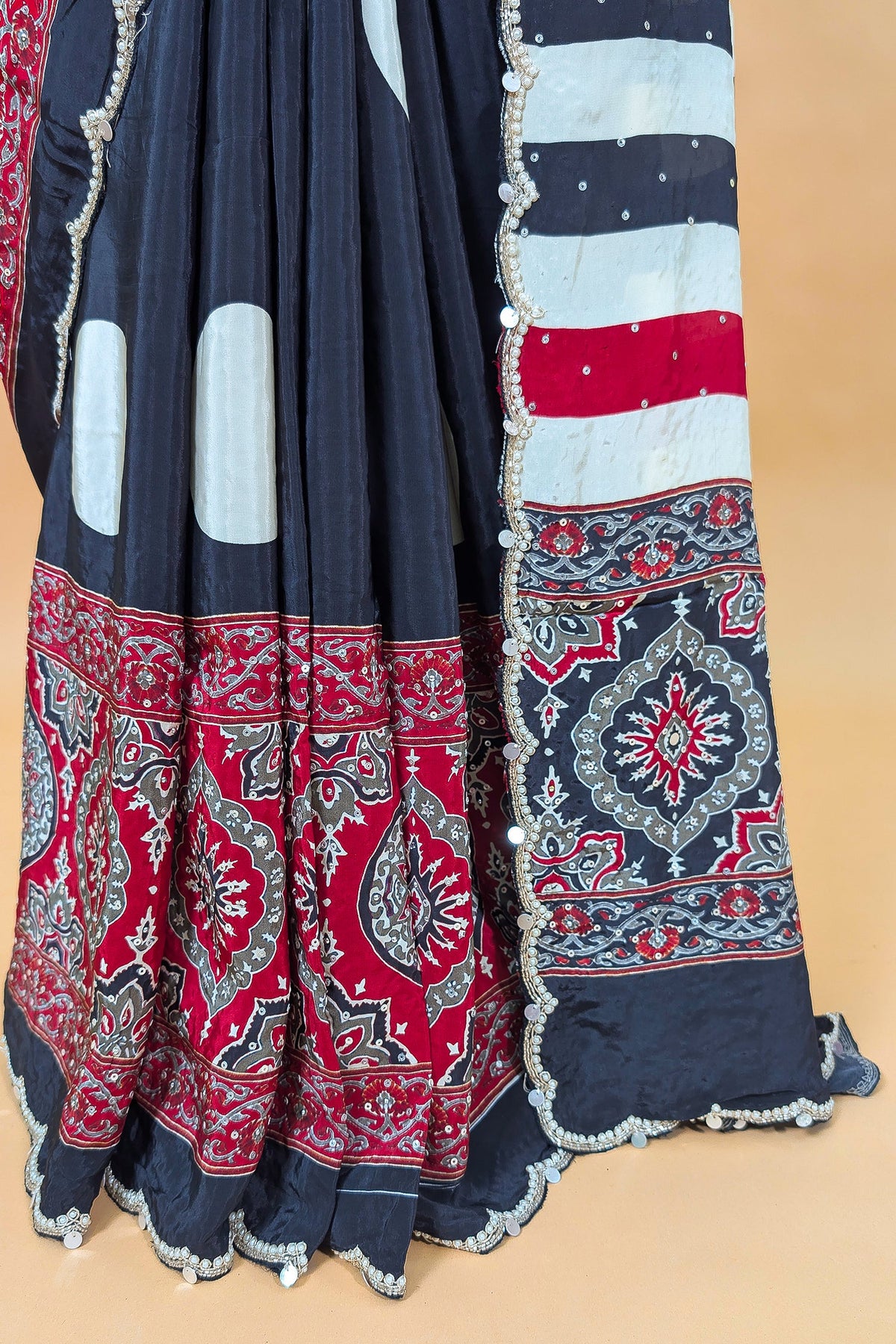 Black Crepe Silk Ajrakh Printed Saree