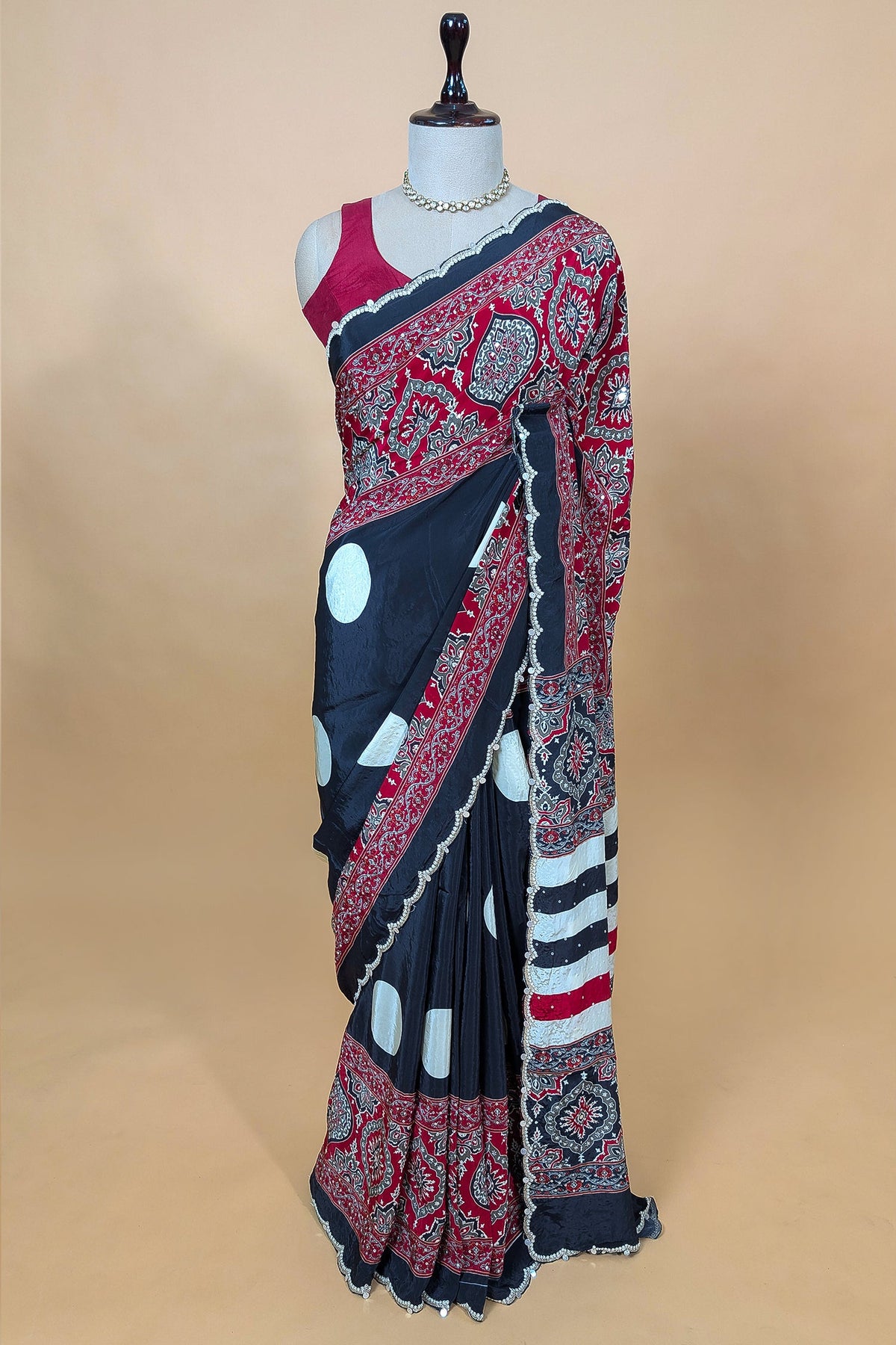 Black Crepe Silk Ajrakh Printed Saree