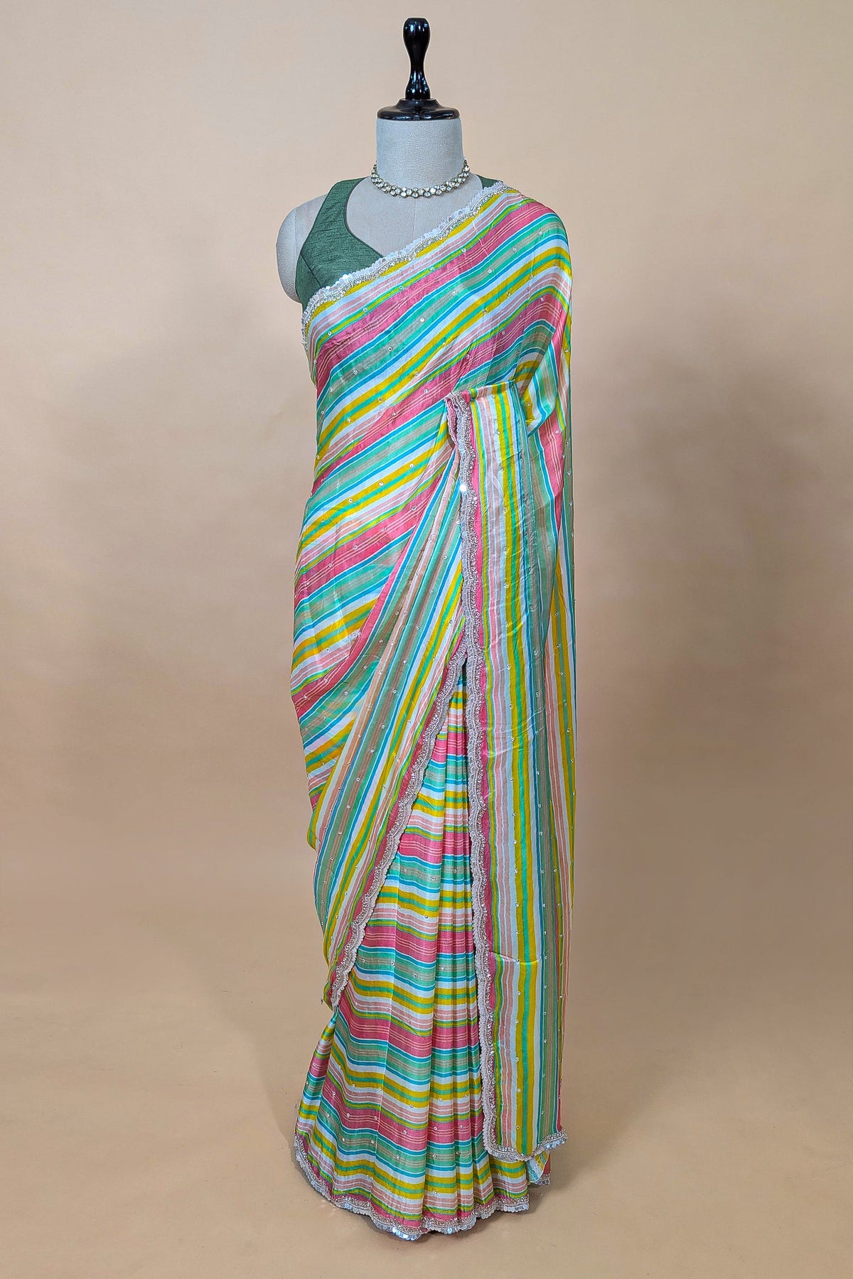 Multi Colored Satin Silk Stripe Printed Saree