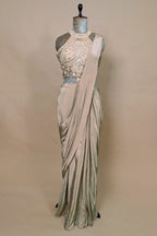 Grey Crepe Silk Pre Draped Saree with Sequin Beaded Halter Neck Blouse