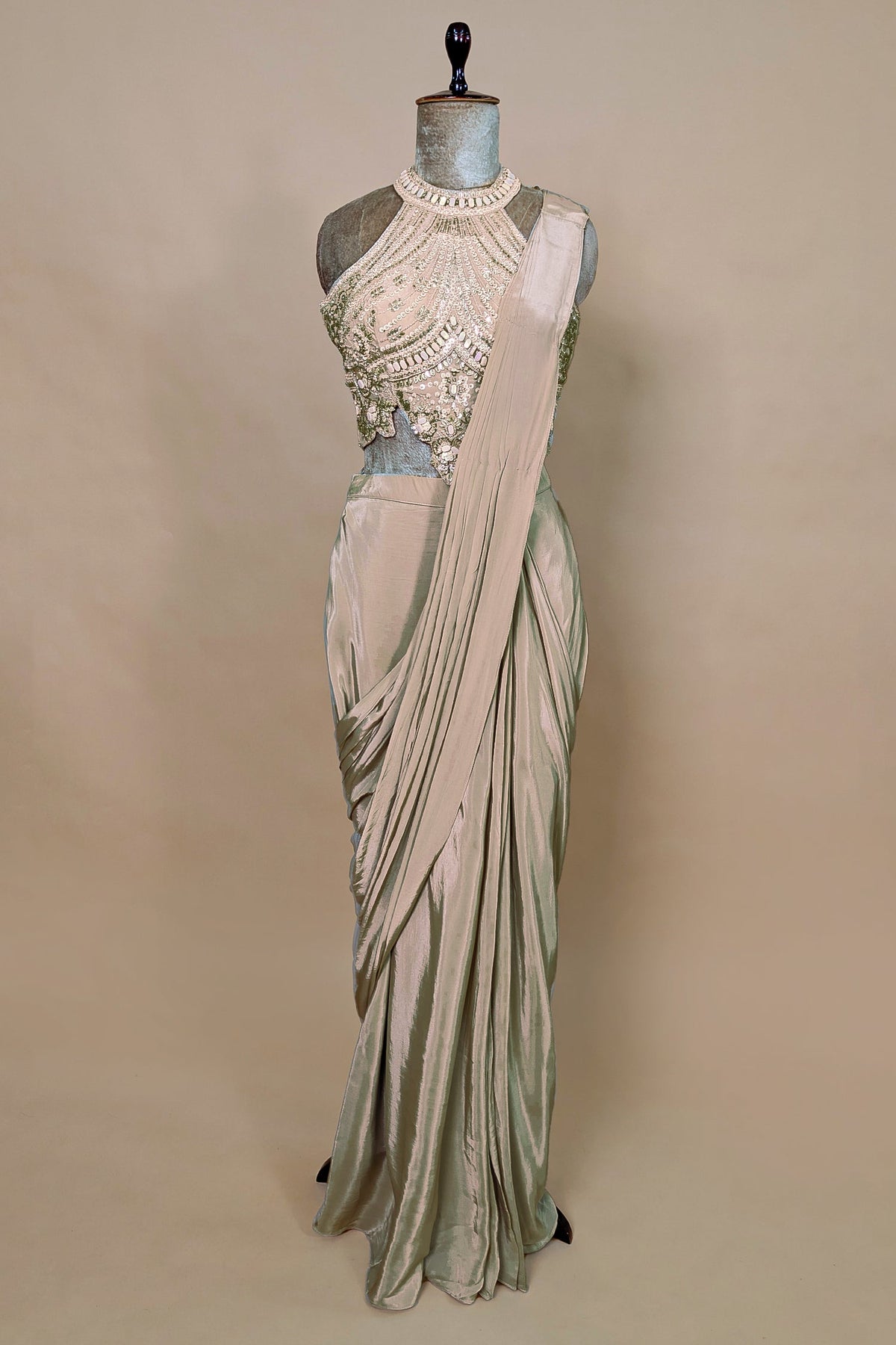 Grey Crepe Silk Pre Draped Saree with Sequin Beaded Halter Neck Blouse